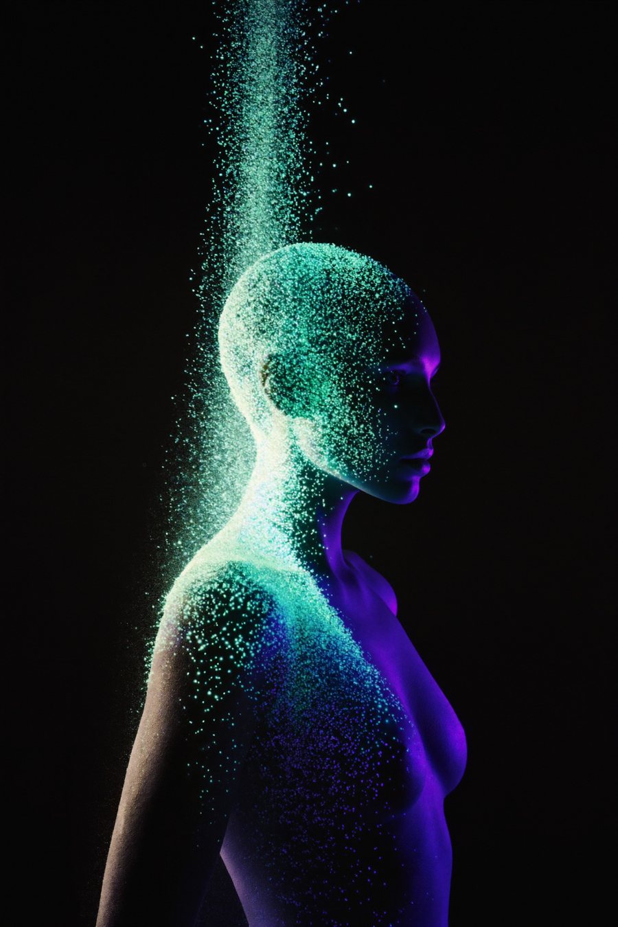 Uma figura a ganhar forma a partir de um fluxo de partículas de luz menta e violeta